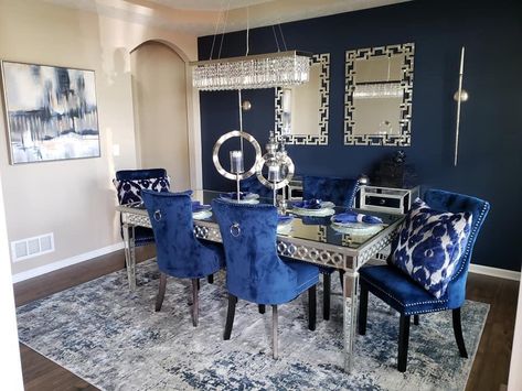 Navy And Silver Dining Room, Royal Blue Dining Room Decor, Royal Blue Black And Gray Living Room, Royal Blue Dining Room, Royal Blue Dinning Table, Blue Dining Room Decor, Luxury Apartment Decor, Dining Room Decor Modern, Contemporary Decor Living Room