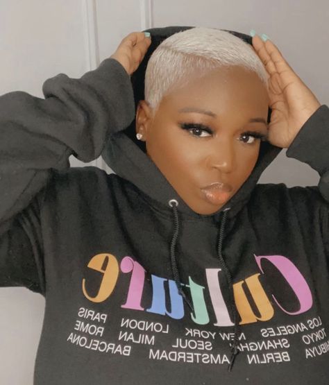 Ash Blonde Twa, Platinum Blonde Short Hair Black Women, Black Women Shaved Hairstyles, Platinum Blonde Pixie Black Women, Short Platinum Blonde Hair Black Women, Brush Cut For Black Women, Bald Fade Women Black, Fade Haircut Women, Low Cut Hairstyles