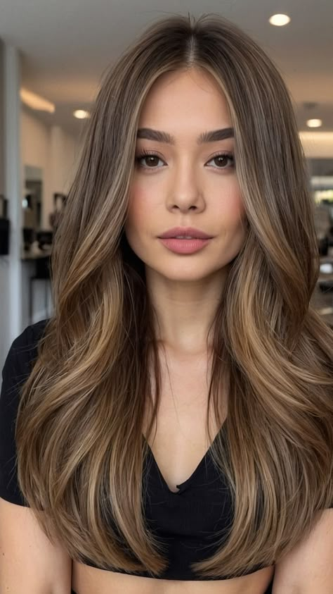 Brunette Curtain Bangs Long Hair, Mid Length Balayage Hair, Haïr Cut For Wavy Hair, Shoulder Blade Length Hair, Highlights On Straight Hair, Hair Color 2025 Trends Women, Light Brown Hair With Dimension, Asian Blonde Balayage, Latest Hair Cut