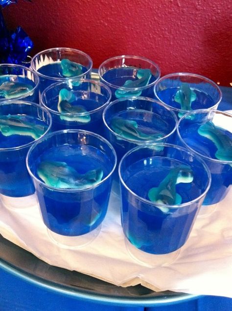 Cruise Party Ideas, Cruise Themed Party Ideas, Shark Jello Cups, Surf Party Ideas, Shark Jello, Shark Gummies, Shark Birthday Party Ideas, Sharknado Party, Shark Party Ideas