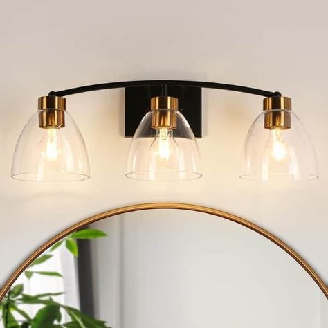 Modern Farmhouse 3-Light Black Gold Bathroom Vanity Lights Linear Glass Wall Sconces - D22.8"*H8.6" - On Sale - Bed Bath & Beyond - 39481516 Brass Vanity Lighting, Black Gold Vanity, Black And Brass Bathroom, Brass Bathroom Vanity, Black Gold Bathroom, Gold Vanity Light, Gold Bathroom Vanity, Mid Century Modern Vanity, Mid Century Modern Black