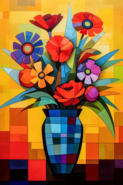 Flower Vase Painting Ideas, Flower Vase Painting, Cubist Paintings, Cubist Art, Modern Art Paintings Abstract, Flower Painting Canvas, Art Gallery Wallpaper, Painting Blue, Modern Art Paintings