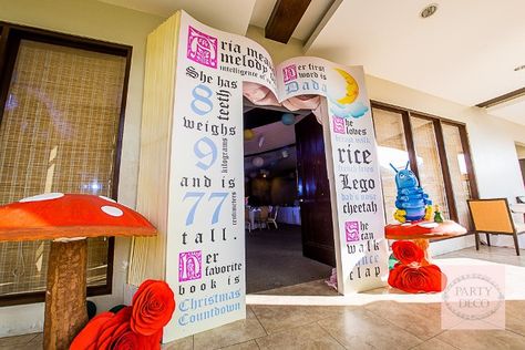 Aria’s “Once Upon a Time” Themed Party – Entrance Area Once Upon A Time Decorations, Book Theme Decorations, Time Themed Party, Homecoming Dance Decorations, Once Upon A Time Theme, Family Literacy Night Activities, Once Upon A Time Party, Book Arch, Fairy Tales Kindergarten