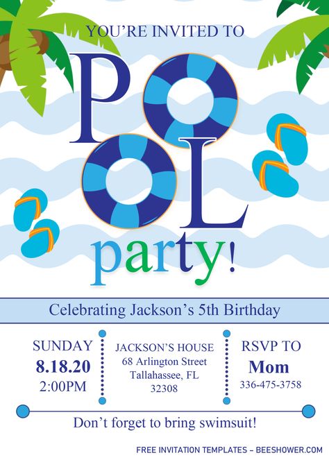 Free Pool Party Invitation Templates - Editable .Docx Swim Party Invitations, Pool Birthday Invitations, Party Invitations Templates, Pool Party Invitation Template, Splash Party, Pool Party Birthday Invitations, Swim Party, Pool Birthday, Free Printable Birthday Invitations