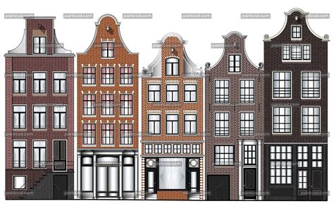 Old Renaissance canal houses from Amsterdam city Amsterdam Buildings Drawing, Canal Houses Amsterdam, Amsterdam Houses Drawing, Dutch House Exterior, Houses Drawing, Amsterdam Canal Houses, Canal City, Building Drawings, Dutch Houses