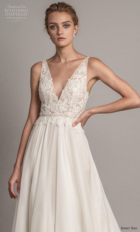 jenny yoo spring 2019 bridal sleeveless v neck heavily embellished bodice romantic a  line wedding dress backless v back chapel train (4) zv -- Jenny Yoo Spring 2019 Wedding Dresses | Wedding Inspirasi  #wedding #weddings #bridal #weddingdress #weddingdresses #bride #fashion #label:JennyLee #season:Spring/Summer #week:482018 #year:2019 ~ Romantic Flowy Wedding Dress, A Line Plunge Neck Wedding Dress, A Line V Neck Wedding Dress, Nature Wedding Dress, Wedding Dress Backless, Wedding Dresses Cheap, Boho Chic Wedding Dress, Long Bridal Gown, Beach Wedding Dresses