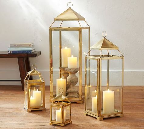 Malta Lantern - Brass Finish Stairs In Living Room, Gold Lanterns, Floor Candle, Large Lanterns, Wood Lantern, Fireplace Remodel, Metal Lanterns, Glass Lantern, Living Room Remodel