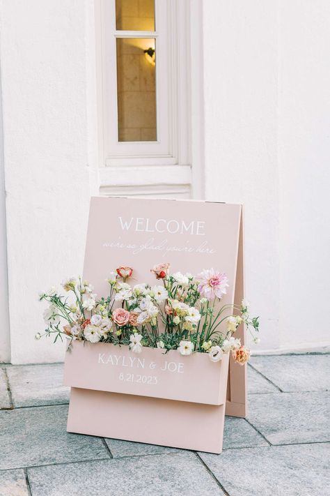 Blush, Baby Pink Welcome Sign With Live Flower Box With Pastel Florals Flower Box Welcome Sign, Pink Welcome Sign, Birthday Signage, Pastel Wedding Colors, Welcome Flowers, Cinta Quotes, Dream Wedding Decorations, Floral Signs, Baby Wallpaper