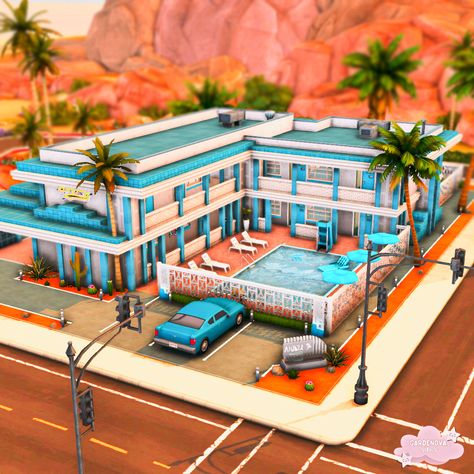 Blue Retro Motel in Oasis Springs 🔵🌴⁣ ⁣ 80's themed motel, furnished for your sims to vacation in!⁣ On the gallery now! ID: Gardenova⁣ ⁣ ⁣SPEEDBUILD UP ON MY YOUTUBE! ⁣ ⁣ ⁣ ⁣ ⁣ ⁣ ⁣ ⁣ ⁣ ⁣ ⁣ ⁣ ⁣ ⁣ ⁣ ⁣ ⁣ ⁣ ⁣ ⁣ ⁣ ⁣ ⁣ ⁣ ⁣ ⁣ ⁣ ⁣ ⁣ ⁣ 🏷️ #thesims #sims4 #showusyourbuilds #sccregram #sims4nocc #thesims4 #sims4houses #realtosims Motel Exterior, Sims 4 Oasis Springs, Trixie Motel, Oasis Springs, Sims Love, Retro Motel, Sims Builds, Sims 4 House Building, Save File