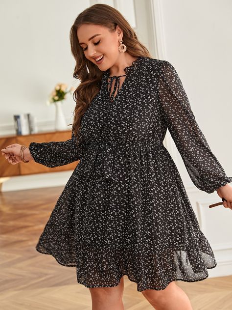 SHEIN Frenchy Plus Ditsy Floral Print Tie Neck DressI discovered amazing products on SHEIN.com, come check them out! Black Frock, Sukienki Plus Size, Ditsy Floral Dress, Tie Neck Dress, Ditsy Floral Print, Bishop Sleeve, Chiffon Long Sleeve, Ruffle Hem Dress, Plus Dresses