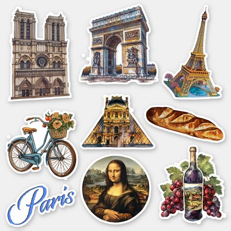 Paris Stickers | Zazzle Paris Stickers Printable, France Collage, France Stickers, French Stickers, Paris Stickers, Paris Scrapbook, Steampunk Scrapbook, French Landmarks, Paris Printables