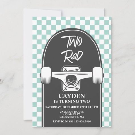 Skateboard Two Rad 2nd Birthday Invitation Two Rad Birthday Party, Rad Birthday Party, Two Rad Birthday, 2nd Birthday Invite, Skateboard Birthday, 2nd Birthday Invitations, Birthday Design, Birthday Invite, Boy Birthday Parties