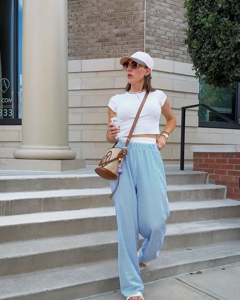 I swear there was ice cream 🍦🫠 Summer casual @commense stripped pants and basic white tee @Reformation AD @commense.official Commense Official, Basic White Tee, White Tee, Summer Casual, Track Pants, Chic Outfits, Ice Cream, Track, Cream