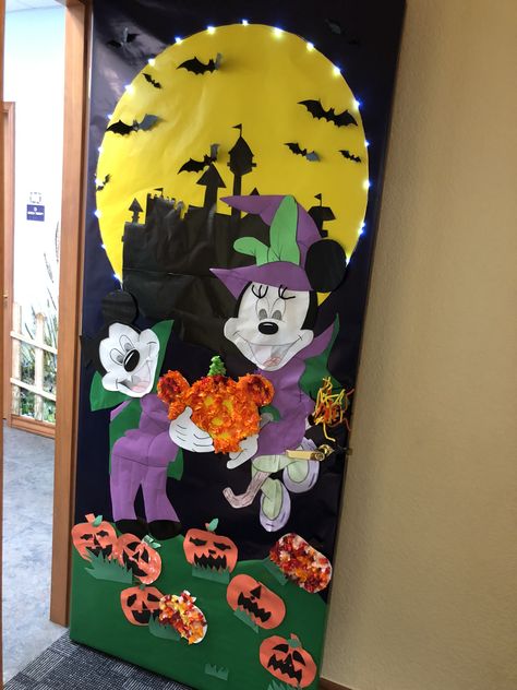 Mickey Mouse Halloween Disney Door Decorating Halloween Window Display Daycare, Mickey And Minnie Classroom Door, Mickey Mouse Halloween Classroom Door, Halloween Window Display Preschool, Disney Halloween Classroom Door Ideas, Mickey Mouse Halloween Door Decoration, Disney Halloween Door Ideas, Halloween School Door Decorating Ideas, Disney Halloween Classroom Door