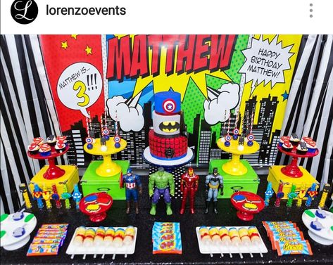 Super Hero Theme Birthday Party Dessert Table and Decor Superhero Dessert Table, Avengers Dessert Table, Super Hero Theme Birthday, Superhero Theme Birthday Party, Birthday Party Dessert Table, Superhero City, Superhero Squad, 7 Birthday, Birthday Party Desserts