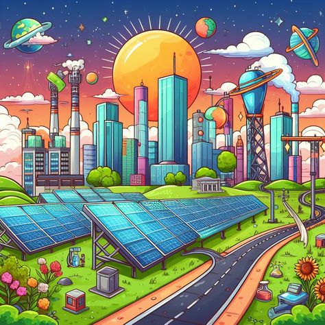 Solar Energy Powering A Sustainable Future Painting, India Development Drawing, Future Cities Drawing, Technological Development In India, Future India Painting, Developing India Poster, Viksit Bharat Painting Competition, Future Of India Poster, 2050 Future World Drawing