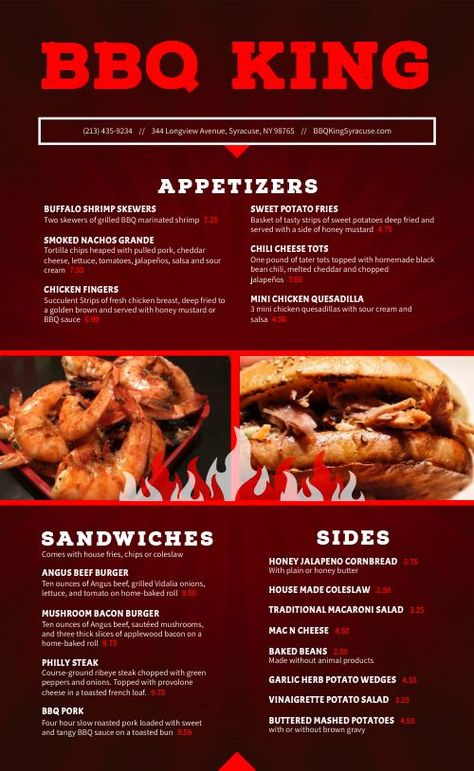 Striking BBQ Menu Bbq Restaurant Design, Soul Food Menu, Bbq Food Truck, Diner Menu, Food Truck Menu, Barbeque Party, Bbq King, Bbq Table, Bbq Menu