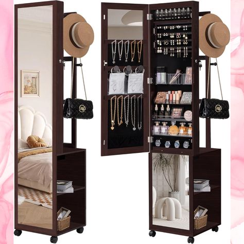 8 LEDs Jewelry Cabinet Armoire, 64.8-inch Jewelry Organizer with Garment Rack, Lockable Full-length Mirror with 4 Wheels, Storage Shelves with Hooks, 5-in-1, Brown JC17019B
Amazon Affiliate Wall Mirror Ideas Bedroom, Shoe Mirror, Shelves With Hooks, Rv Storage Organization, Mirror Storage, Lip Sticks, Necklace Hooks, Mirror Jewelry Storage, Long Mirror