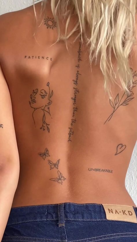 Text Back Tattoo Women, Mads Lewis Back Tattoo, Back Patch Work Tattoo, Patch Work Back Tattoo, Visible Tattoo Placement, Back Script Tattoo, Discipline Tattoo, Women Back Tattoos, Back Tattoo Placements