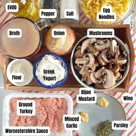 Ground Turkey Stroganoff Healthy, Ground Turkey Cream Of Mushroom, Ground Turkey Stroganoff Easy, Minced Turkey Recipes, Noodles And Mushrooms, Healthy Stroganoff, Turkey Stroganoff Recipe, Ground Turkey Stroganoff, Creamy Noodles