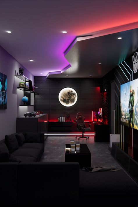 This Gaming room was designed in Riyadh, Only geometrical zig zag shapes were used to achieve the Scifi look with LEDs going all over the space. 
If you want to get your room designed DM us on Instagram @dopegamingsetup Mansion Gaming Room, Sophisticated Gamer Room, Playstation Gaming Room, Man Cave Designs Basement, Gaming Studio Design, Family Game Room Design Modern, Gaming Lounge Room Ideas, Gaming Studio Room, Gaming Room With Bed