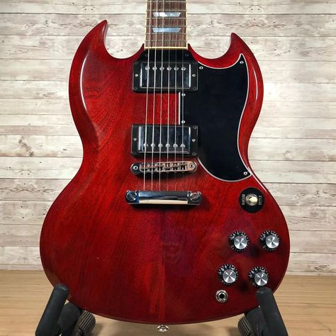 For sale: Gibson SG Standard 100 Year Model 2015 Used Beautiful 2015 SG Standard! Transparent cherry red with ornate grain and trapezoid inlay. Classic ’57 humbuckers, tune-matic bridge and original robotic tuning system! Buy now: Link in Bio #gibsonguitars #gibsonsg Gibson Sg Standard, Gibson Epiphone, Gibson Sg, Gibson Guitars, Cherry Red, Gibson, Link In Bio, Grain, Bridge