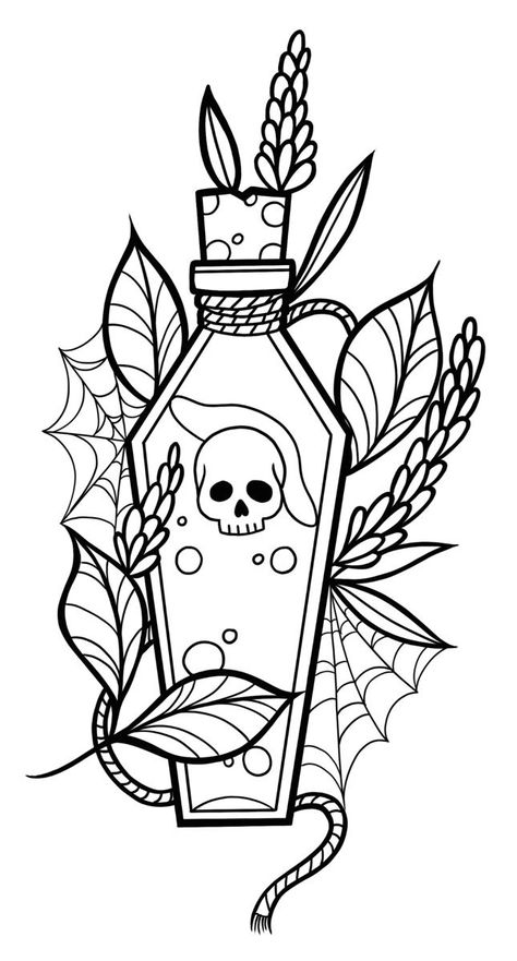 Poison Bottle Tattoo Design, Bottle Tattoo Design, Poison Bottle Tattoo, Mindful Drawing, Traditional Tattoo Outline, Poison Bottle, Witch Coloring Pages, Bottle Tattoo, Spooky Tattoos