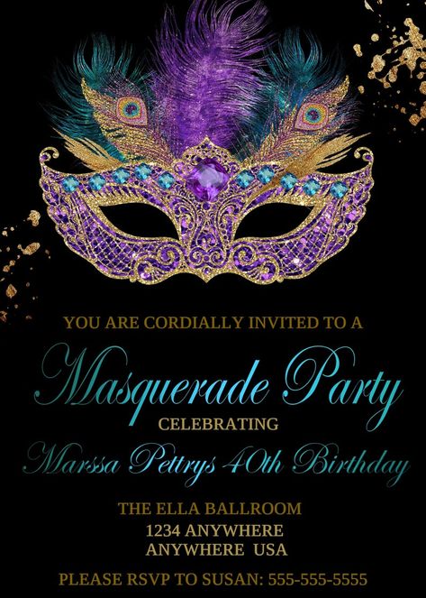 Sweet 16 Masquerade Party, Masquerade Birthday Party, Mascarade Party, Mardi Gras Invitations, Mardi Gras Birthday, Masquerade Party Invitations, Milestone Birthday Invitations, Masquerade Party Decorations, Masquerade Ball Party