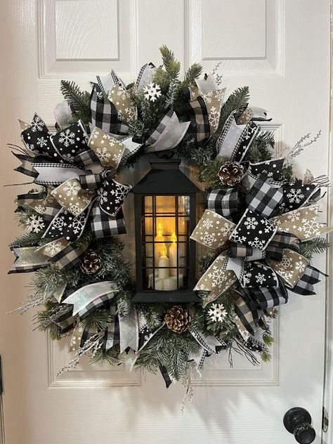 Wreaths & Bows : Inspiration and Ideas by Wreath & Bow Co | Christmas Lantern Evergreen Wreath. | Facebook Wreath With Lantern, Christmas Mesh Ribbon Wreath, Mesh Ribbon Wreaths, Lantern Craft, Art Restaurant, Christmas Lantern, Evergreen Wreath, The Lantern, Yarn Wreath