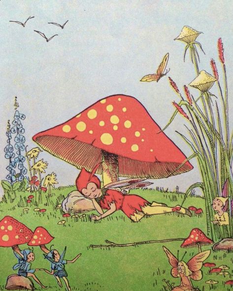 Fairies On Mushrooms, Fairy Toadstool Tattoo, Vintage Mushroom Art, Magic Monday, Giant Mushroom, Mushroom Wallpaper, Storybook Art, Vintage Mushroom, Funny Phone Wallpaper