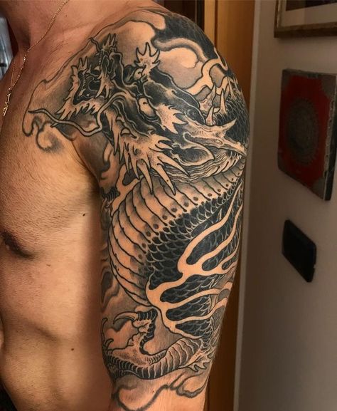 Dragon Tattoo Forearm Sleeve, Dragon Tattoo Upper Arm, Tattoo Chest And Shoulder, Dragon Tattoo Forearm, Upper Arm Tattoos For Guys, Upper Shoulder Tattoo, Dragon Tattoo Shoulder, Dragon Tattoo Arm, Shoulder Sleeve Tattoos