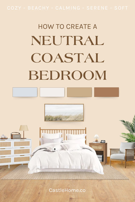 Design a peaceful coastal bedroom with neutral tones and natural textures. Learn how to combine soft whites, light tans, and soothing gray blues with luxurious Egyptian cotton bedding, beachy accents, and elegant furnishings. Add coastal-inspired wall art, lighting, and cozy textiles to create a calming retreat that brings the beach to your home. Perfect for creating a serene, stylish space! #CoastalLiving #NeutralBedroom #HomeInspiration Neutral Coastal Bedroom, Bedroom Castle, Coastal Lighting, Castle Home, Egyptian Cotton Bedding, Coastal Bedrooms, Beach Bedroom, Coastal Bedroom, Elegant Furniture