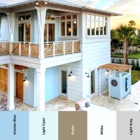 Beautiful Beach Houses Exterior, Blue Beach House Exterior, Exterior Beach House Colors, Simple Bungalow House Designs, Exterior Beach House, Hawaiian House, House Elevations, Dock House, Beach House Colors