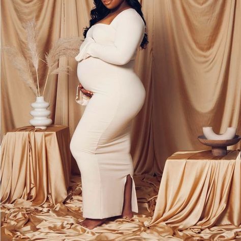 White Long Sleeve Maternity Dress Baby Shower Dress Winter Long Sleeve, Formal Maternity Photoshoot, Baby Shower Dress Long Sleeve, Cream Fall Dress, Long Sleeve Baby Shower Dress, White Dress Maternity Shoot, Winter Baby Shower Outfit For Mom, Baby Shower Dresses For Mom, Pregnancy Outfits Black Women