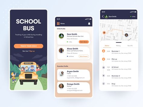 School Bus Tracking App UI by Krunal Ramoliya Bus App, Scheduling App, Tracking App, Delivery App, App Ui Design, Ux Web Design, Mobile App Design, App Ui, School Bus