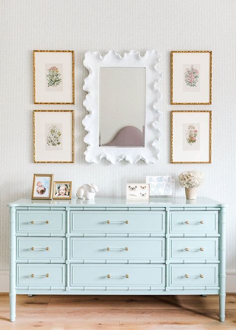 This is the sweetest light blue dresser I've ever seen! Can't get over the acrylic and brass drawer pulls. Such a nice touch.   Katie Davis Design  Photo: Melissa Fitzgerald West Henry Link Bali Hai, Triple Dresser, College House, Bali Hai, Big Girl Rooms, Simple Bedroom, House Room, Faux Bamboo, My New Room