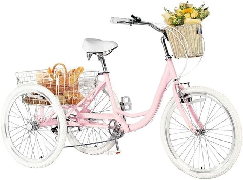 Amazon.com : TFONSIGI Adult Tricycles 7 Speed, 20/24/26 inch Trikes for Adults, 3 Wheel Bike with Basket & Bell, Cruiser Bicycles for Women and Men, Without Mudguard : Sports & Outdoors Christmas Bike, Cute Bike, Bike With Basket, Cruiser Bikes, Pink Bicycle, Adult Tricycle, Bicycle Brands, Pink Basket, Pink Bike