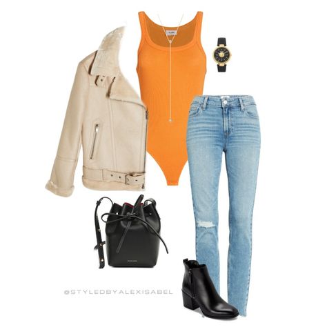 Orange Body Suit Outfit, Orange Bodysuit Outfit, Sleeveless Bodysuit Outfit, Celeb Outfits, Light Wash Ripped Jeans, Black Bucket Bag, Orange Bodysuit, Bodysuit Outfit, Fall Style Guide