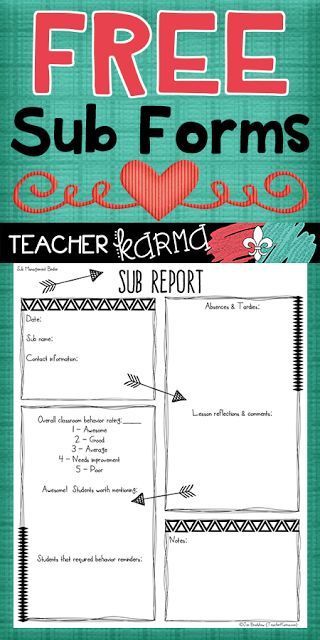 FREE Sub Report Forms    TEACHERS & SUBSTITUTES: It is passed mid-April and I know we are ALL needing a bit of a break right about now! Leaving clear notes and organized classroom information for our substitutes is an absolute must... especially this time of year. These substitute forms are perfect for adding to your Sub Binder! Click here or on the graphic above to get your FREE Sub Report Forms. Best wishes!  sub forms sub notes sub organization substitute binder http://teacherkarma.com Notes From Substitute Teacher, While You Were Out Substitute Form, Sub Notes To Teacher, Sub Folders For Teachers, Substitute Teacher Report, Substitute Teacher Forms, Substitute Teacher Tips, Substitute Folder, Sub Binder