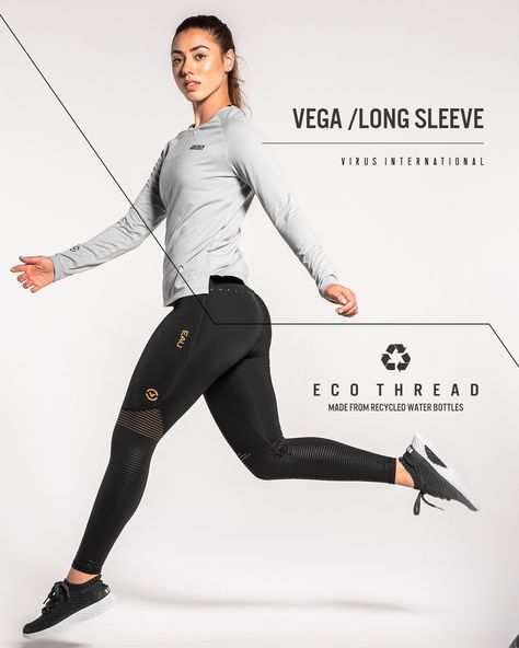 Eco Vega Long Sleeve -- The next generation of Virus Performance Fabric has arrived; we set out to create the perfect blend of fabric that combines athletic performance with maximal comfort. Fabric so soft you'll need to feel it to believe it. -- @virusintl #virusintl Exercise Pants, Creative T Shirt Design, Sales Ads, Sports Wear Women, Learning Graphic Design, Fashion Hub, Athletic Performance, Sport Poster, Pants Design