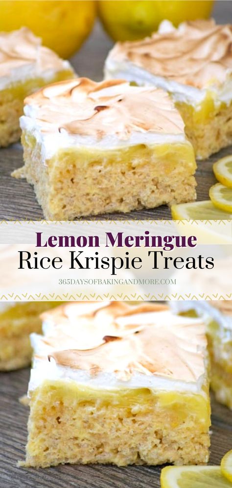 These Lemon Meringue Rice Krispie Treats are made with fresh lemons, Rice Krispie cereal, egg whites, and lemon pudding. They are the perfect nostalgic treat that you'll want to serve as dessert at Easter, Mother's Day, and all summer long. Lemon Rice Crispy Treats, Lemon Meringue Rice Krispy Treats, Lemon Rice Krispie Treats, Peach Cobbler Rice Krispy Treats, Mothers Day Rice Krispie Treats, Banana Rice Krispie Treats, Coconut Rice Crispy Treats, Samoa Rice Krispie Treats Recipe, Gourmet Rice Krispie Treats