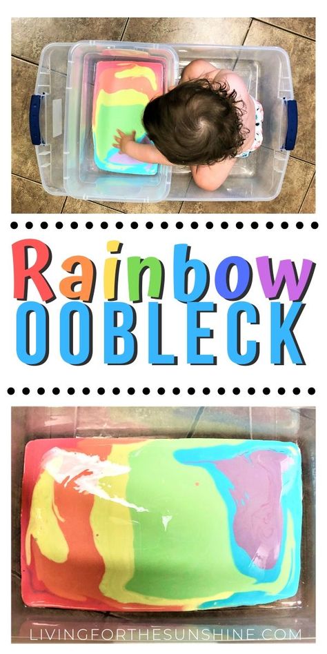 Oobleck Activities Preschool, Sensory Colour Activities, Clean Sensory Activities, Easy Diy Sensory Activities, Colour Sensory Activities, Rainbow Sensory Play, Messy Play For Preschoolers, Rainbow Oobleck, Easy Sensory Activities Toddlers