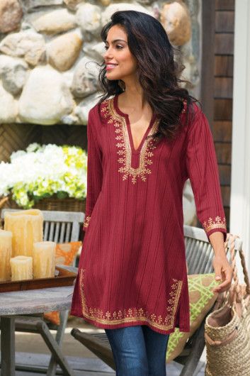 Kashmir Tunic I - Striped Tunic, Red Tunic T Red Tunic Top, Look Hippie Chic, Tunic Outfit, Sequin Tunic, Indian Tunic, Red Tunic, Bohemian Mode, Striped Tunic, Women Tunic Tops