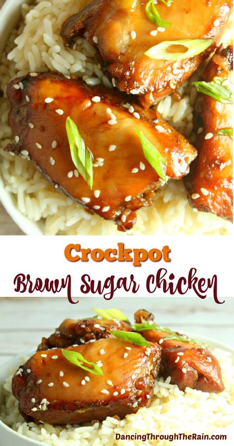 This Crockpot Brown Sugar Chicken is a delicious slow cooker dinner that everyone will love! With ginger, soy sauce, brown sugar and crunchy sesame seeds, this sweet and savory chicken is perfect to serve over rice or all by itself. It's one of those easy chicken dinners that you will make part of your family meal plan ideas! Crockpot Mongolian Chicken, Slow Cooker Mongolian Chicken, Crockpot Chinese Chicken, Crockpot Brown Sugar Chicken, Chinese Entrees, Mongolian Chicken Recipe, Sweet And Savory Chicken, Mongolian Bbq, Inexpensive Dinner Recipes