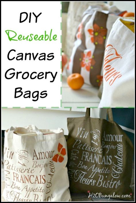 DIY reuseable canvas grocery bags are not only green, they're sturdy and look great too! H2OBungalow.com Diy Grocery Bags, Canvas Grocery Bag, Build A Table, Kitchen And Dining Room, Sewing Purses, Grocery Bags, Fall Decorating, Fabric Projects, Fabric Bags