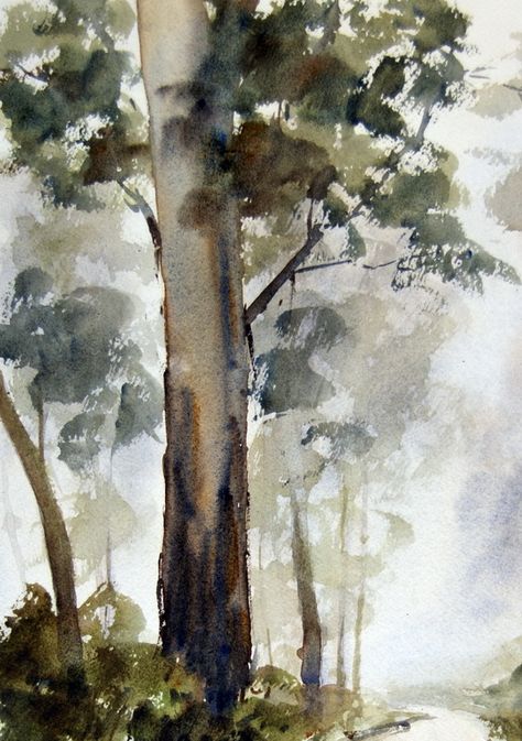 Painting gum tree in foreground.Eucalyptus in watercolor Gum Trees Painting, Graphite And Watercolor Art, Watercolour Bush, Arch Watercolor, Watercolor Boat, Gum Trees, Tree Watercolor Painting, Gum Tree, Rain Painting