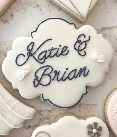 Congratulations Brian & Katie! Wishing you a lifetime of love and happiness. #weddingshowercookies #bridalshowercookies #bridetobe… Wedding Shower Cookies, Cookies Royal Icing, Stag And Doe, Wedding Cookie, Bridal Shower Cookies, Iced Sugar Cookies, Cookie Gift, Cha Bar, Name Plaque