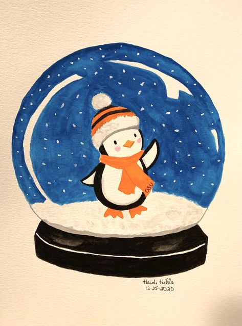 Snow Ball Drawing, How To Draw A Snowglobe, Xmas Drawing Ideas For Kids, Winter Theme Drawing, Watercolor Snowglobe, Snowglobe Drawing, Snow Globe Drawing, Snowglobe Art, Painted Christmas Cards