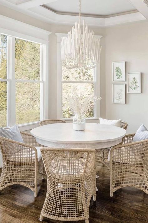 Coastal Dining Room Lighting, Modern Coastal Dining Room, Coastal Dining Table, Florida Interior Design, Coastal Dining Room, Coastal Dining, Round Kitchen Table, Dining Room Light Fixtures, Dining Room Combo