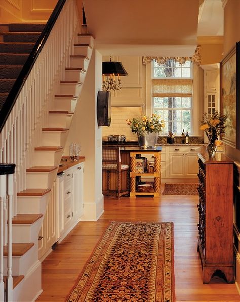 Center Hall Colonial Kitchen, Kitchen Cabinets Under Stairs, Storage Under Staircase, Townhouse Plans, Colonial Kitchen Remodel, Georgiana Design, Center Hall Colonial, Colonial Kitchen, Building Stairs